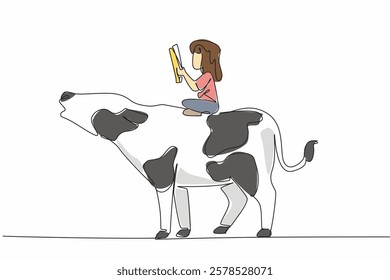 Single one line drawing girl reading book on cute cow. Read recipe books for delicious meat dishes. Aspiring little chef. Girl Reading Book at Animal Back. Continuous line design graphic illustration