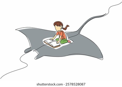 Single one line drawing girl reading book on cute stingray swimming. Reading the anatomy of a stingray. Avoid danger. Girl Reading Book at Animal Back. Continuous line design graphic illustration