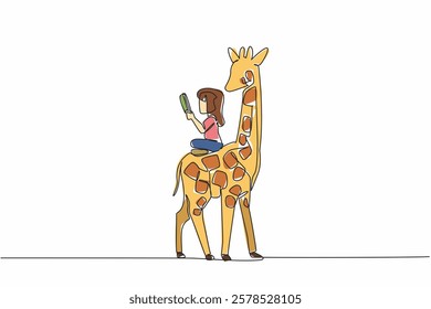 Single one line drawing girl reading book on cute giraffe. Read about the tallest living land animal. Increase knowledge. Girl Reading Book at Animal Back. Continuous line design graphic illustration