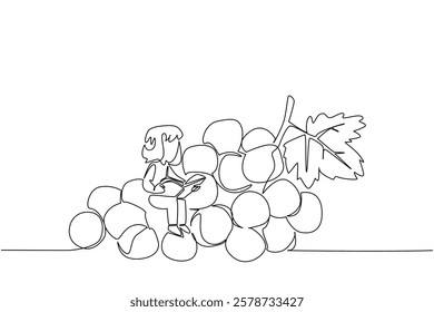 Single one line drawing girl reading on a pile of grapes. Find out how to cultivate grapes to make them sweet. Girl Reading Book at Vegetables and Fruits. Continuous line design graphic illustration