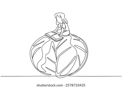 Single one line drawing girl reading on red cabbage. The colors of vegetables attract children. Useful reading. Girl Reading Book at Vegetables and Fruits. Continuous line design graphic illustration