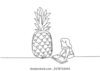 Single one line drawing girl reading next to pineapple. Anti sleepiness reading with pineapple snack. The nerd. Girl Reading Book at Vegetables and Fruits. Continuous line design graphic illustration