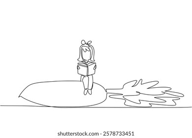 Single one line drawing girl reading on white radish with its leaves. The one who loves reading books the most. Girl Reading Book at Vegetables and Fruits. Continuous line design graphic illustration