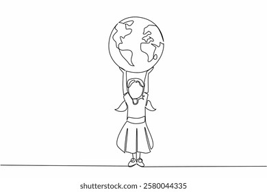 Single one line drawing a girl holds up a large globe. The world is more colorful without violence against girls. Protect her rights. Day of Children. Continuous line design graphic illustration