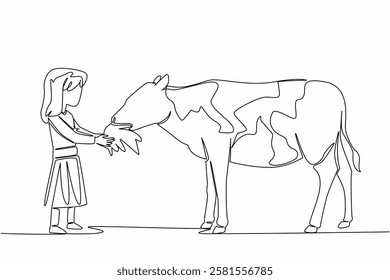 Single one line drawing a girl holds grass in her hand and gives it to the calf. Feed the calf slowly. The calf who loves to eat. National Open Farm Day. Continuous line design graphic illustration