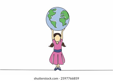 Single one line drawing a girl holds up a large globe. The world is more colorful without violence against girls. Protect her rights. Day of Children. Continuous line design graphic illustration