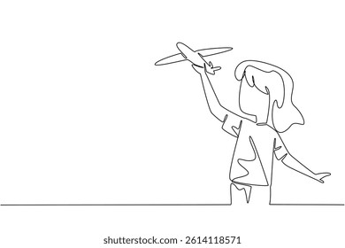 Single one line drawing a girl runs while holding toy airplane that is lifted up. Toy airplanes that must be assembled. Creative. International Day of Boys. Continuous line design graphic illustration
