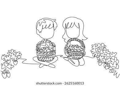 Single one line drawing a girl and a boy sitting in the garden holding a basket. Small garden with abundant harvest. Sweet. National Pick Strawberries Day. Continuous line design graphic illustration
