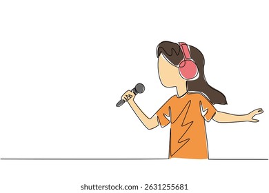 Single one line drawing a girl wearing headphones and posing singing and holding a mic. Keeping the dream alive. Singer. Hobby. International Day of Boys. Continuous line design graphic illustration
