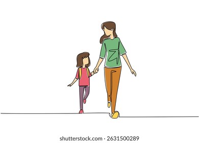Single one line drawing girl carrying backpack walking hand in hand with mother. Walking leisurely. Telling stories and singing. Walk Safely To School Day. Continuous line design graphic illustration