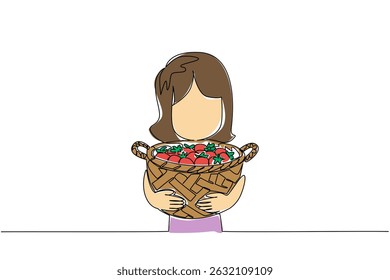 Single one line drawing a girl holding a wicker basket filled with strawberries. Seasonal fruit. Sweet. Healthy. Vitamin. National Pick Strawberries Day. Continuous line design graphic illustration