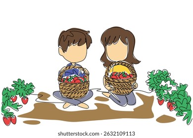 Single one line drawing a girl and a boy sitting in the garden holding a basket. Small garden with abundant harvest. Sweet. National Pick Strawberries Day. Continuous line design graphic illustration