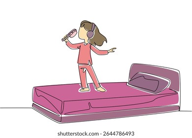 Single one line drawing girl wearing headphones standing on bed holding comb as mic. Graceful style like an opera singer. Dream. National Sing Out Day. Continuous line design graphic illustration