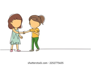 Single one line drawing girls standing and shaking hands making friendship. Children introduce themselves. Girls touching each other's hand. Continuous line draw design graphic vector illustration