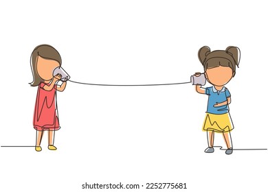 Single one line drawing girls speaking by tin can telephone. Two friends playing in phone with self made speech transmitting device, kids have fun speaking. Continuous line draw design graphic vector