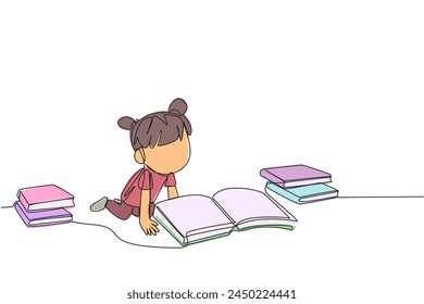 Una sola línea dibujando chicas leyendo libros felices. Buen interés por la lectura. Disfruta mucho leyendo libros de cuentos. Leyendo por todas partes. Concepto de festival del libro. Ilustración gráfica de diseño de línea continua