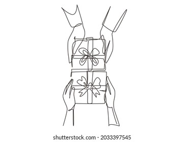 Single one line drawing gives gift new year presents laid on wooden table background. Birthday presents cardboard box with ribbon bow. Modern continuous line draw design graphic vector illustration