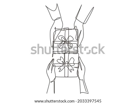 Single one line drawing gives gift new year presents laid on wooden table background. Birthday presents cardboard box with ribbon bow. Modern continuous line draw design graphic vector illustration