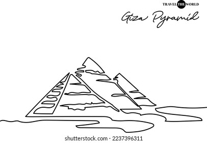 Single one line drawing of Giza Pyramids Egypt. Tourism travel postcard and home wall art decor poster concept. Modern continuous line draw design vector illustration