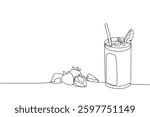 Single one line drawing glass of strawberry juice with straw and strawberry pieces on top of the glass. Fresh. Cool. Refreshing. National Juice Slush Day. Continuous line design graphic illustration