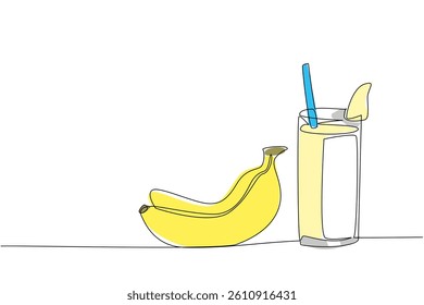 Single one line drawing glass of banana juice with a straw in the glass. Enjoy the deliciousness of fruit in a different way. National Juice Slush Day. Continuous line design graphic illustration