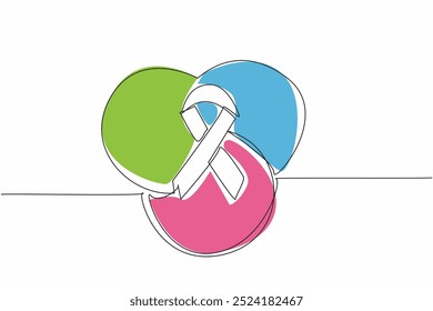 Single one line drawing a global symbol, composed of three colors, with a ribbon intertwined. Pay more attention to rare diseases. Care. Rare Disease Day. Continuous line design graphic illustration