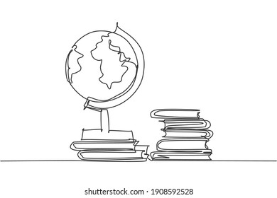 Single one line drawing of globe and stack of books. Earth and book graphic for education concept. Infographics, school presentation isolated on white background. Design vector illustration