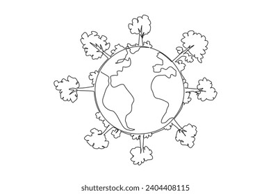 Single one line drawing globe with forest. Beautiful environment. Produces lot of oxygen. Natural food sources are available everywhere. Protect the earth. Continuous line design graphic illustration