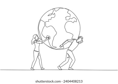 Single one line drawing globe is carried by a man assisted by a woman who holds it. Never tire of making the earth better. World environment day. Protect. Continuous line design graphic illustration