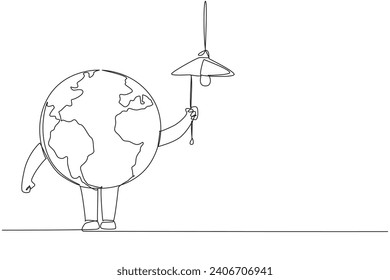 Single one line drawing globe pulls string to turn off the lights. Save energy. Turn off the power when not in use. Easy things that can protect the earth. Continuous line design graphic illustration