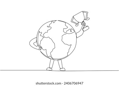 Single one line drawing globe raised the trophy with one of his hands. The best place for all living things. Keeping the earth green. Saving the earth. Continuous line design graphic illustration