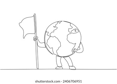 Single one line drawing globe holding a fluttering flag. Wind blow slowly. Fresh air. Some of the characteristics of the earth are still in good condition. Continuous line design graphic illustration