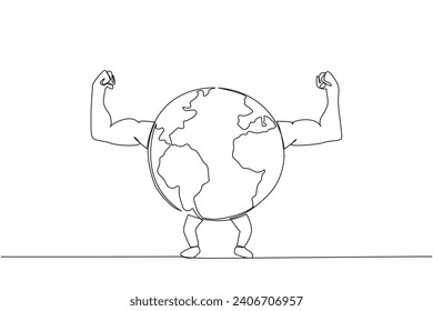 Single one line drawing globe raised both of his muscular arms. Have an active role in protecting the earth. Stay healthy for the sake of a green earth. Continuous line design graphic illustration