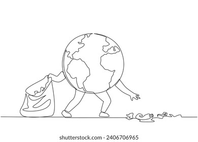 Single one line drawing globe picks up scattered rubbish. The best and simple example of protecting the earth. Throw garbage in its place. Saving planet. Continuous line design graphic illustration