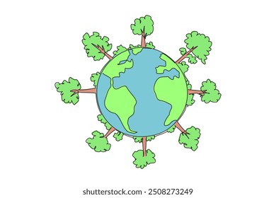 Single one line drawing globe with forest. Beautiful environment. Produces lot of oxygen. Natural food sources are available everywhere. Protect the earth. Continuous line design graphic illustration