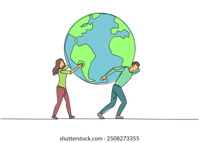 Single one line drawing globe is carried by a man assisted by a woman who holds it. Never tire of making the earth better. World environment day. Protect. Continuous line design graphic illustration