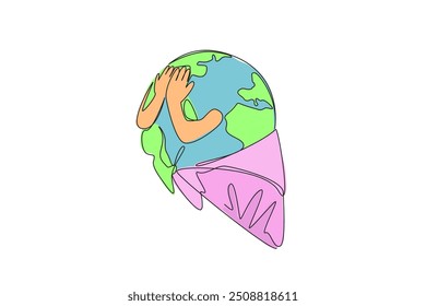 Single one line drawing the globe becomes melting ice cream cone. The heat of the earth makes the ice melt and drip quickly. The concept of a warming earth. Continuous line design graphic illustration