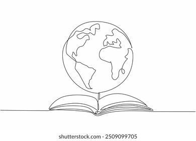 Single one line drawing the globe on open book. Telling useful knowledge. Increasing literacy and insight. Getting add information. World Storytelling Day. Continuous line design graphic illustration