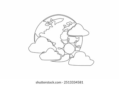 Single one line drawing the globe surrounded by several clouds and the sun. Experts predict the rainy season has not yet arrived. World Meteorological Day. Continuous line design graphic illustration