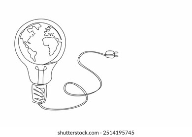 Single one line drawing globe in middle of wired bulb lamp. Easy examples. Unplug the power cord from the power source. Turn off the lights. Earth Hour Day. Continuous line design graphic illustration