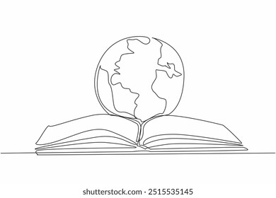 Globo de dibujo de una sola línea en el medio del libro abierto. Símbolo Metáfora. Leer libros abre la alfabetización sobre el mundo. Día Internacional de la Educación. Ilustración gráfica de diseño de línea continua