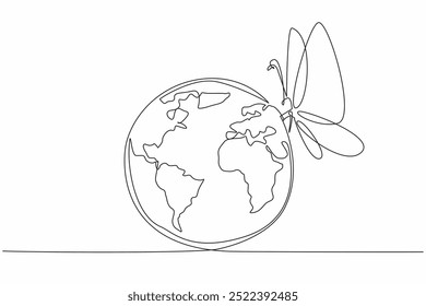 Globo de dibujo de una sola línea infestado de mariposa grande. Un símbolo de esperanza y transformación. Danza delicada de armonía global. Día de la Cero Discriminación. Ilustración gráfica de diseño de línea continua