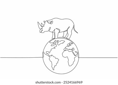 Single one line drawing globe with rhinoceros on top. Pastures must remain green, they must not be barren. Natural habitat. Conserve. World Wildlife Day. Continuous line design graphic illustration