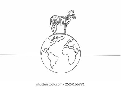 Single one line drawing globe with zebra on top. Environmental conservation is needed to keep them from becoming extinct. Good habitat. World Wildlife Day. Continuous line design graphic illustration