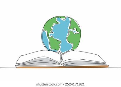 Globo de dibujo de una sola línea en el medio del libro abierto. Símbolo Metáfora. Leer libros abre la alfabetización sobre el mundo. Día Internacional de la Educación. Ilustración gráfica de diseño de línea continua