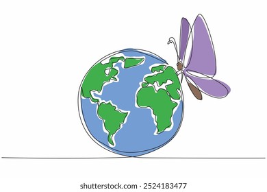 Globo de dibujo de una sola línea infestado de mariposa grande. Un símbolo de esperanza y transformación. Danza delicada de armonía global. Día de la Cero Discriminación. Ilustración gráfica de diseño de línea continua