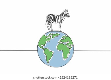 Single one line drawing globe with zebra on top. Environmental conservation is needed to keep them from becoming extinct. Good habitat. World Wildlife Day. Continuous line design graphic illustration