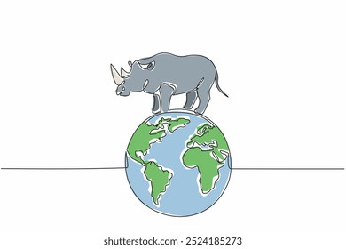 Globo de dibujo de una sola línea con rinoceronte en la parte superior. Los pastos deben permanecer verdes, no deben ser estériles. Hábitat natural. Conservar. Día Mundial de la Vida Silvestre. Ilustración gráfica de diseño de línea continua