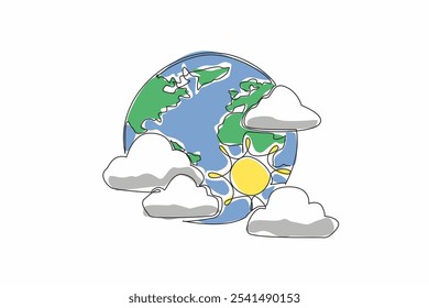 Single one line drawing the globe surrounded by several clouds and the sun. Experts predict the rainy season has not yet arrived. World Meteorological Day. Continuous line design graphic illustration