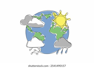 Um único globo de desenho de uma linha com vários ícones de previsão do tempo. O norte é no verão. O sul entrando na estação chuvosa. Dia Mundial da Meteorologia. Ilustração gráfica de design de linha contínua